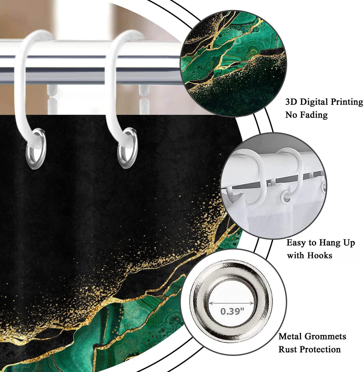Black Green Marble Shower Curtain, Modern Luxury Black Gold Veins  Moroccan Green Malachite Glitter Marble 72x72 inches