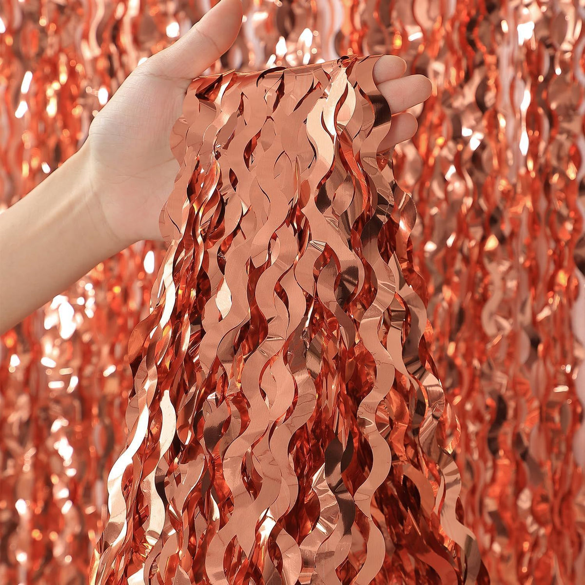Wavy Rose Gold Fringe Curtain - 3.3 ft x 6.6 Feet, Pack of 3 | Rose Gold Party Decorations,Rose Gold Streamers,Rose Gold Tinsel