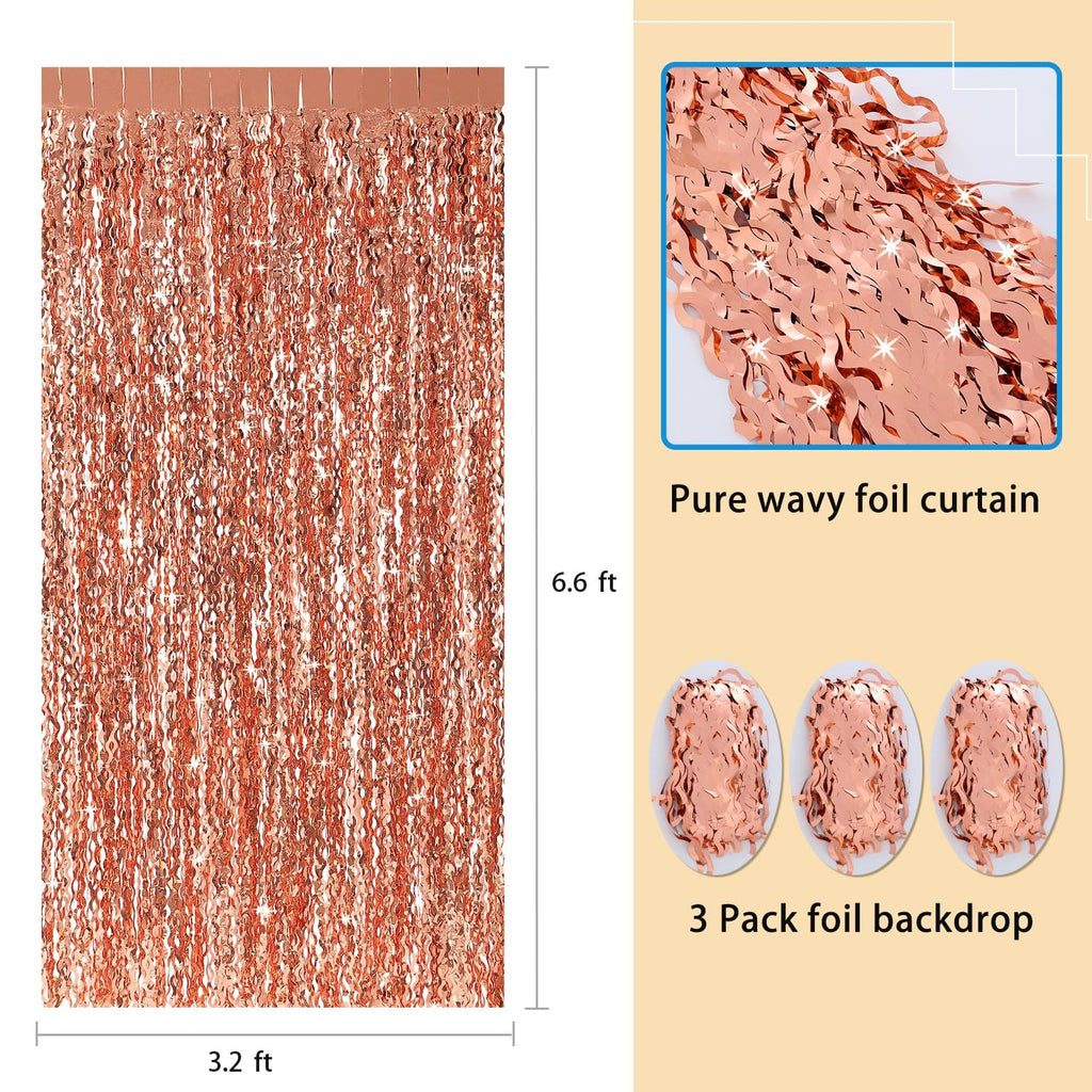 Wavy Rose Gold Fringe Curtain - 3.3 ft x 6.6 Feet, Pack of 3 | Rose Gold Party Decorations,Rose Gold Streamers,Rose Gold Tinsel