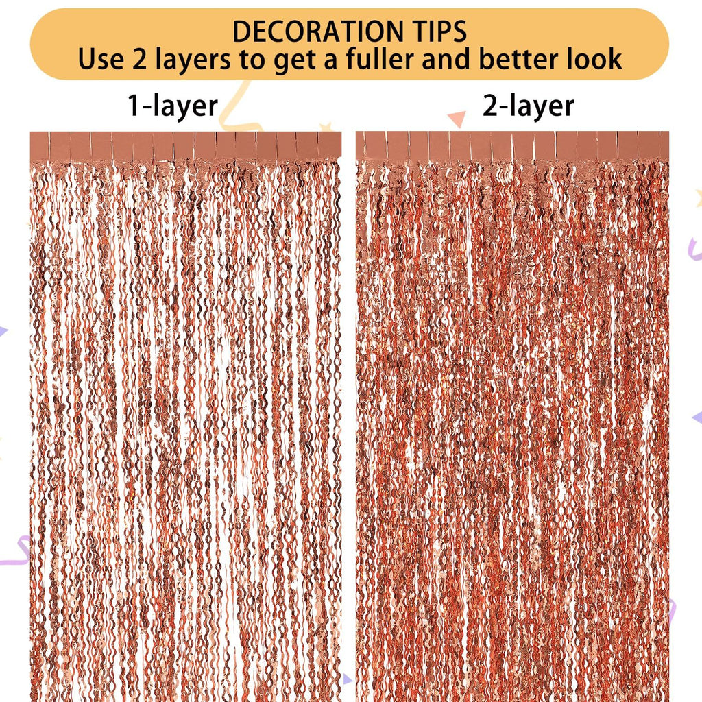 Wavy Rose Gold Fringe Curtain - 3.3 ft x 6.6 Feet, Pack of 3 | Rose Gold Party Decorations,Rose Gold Streamers,Rose Gold Tinsel