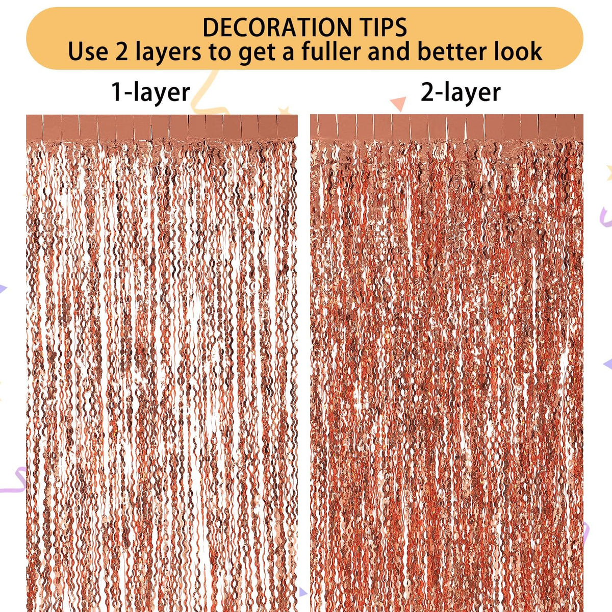 Wavy Rose Gold Fringe Curtain - 3.3 ft x 6.6 Feet, Pack of 3 | Rose Gold Party Decorations,Rose Gold Streamers,Rose Gold Tinsel