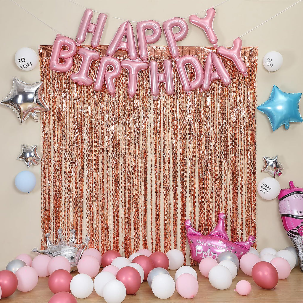 Wavy Rose Gold Fringe Curtain - 3.3 ft x 6.6 Feet, Pack of 3 | Rose Gold Party Decorations,Rose Gold Streamers,Rose Gold Tinsel