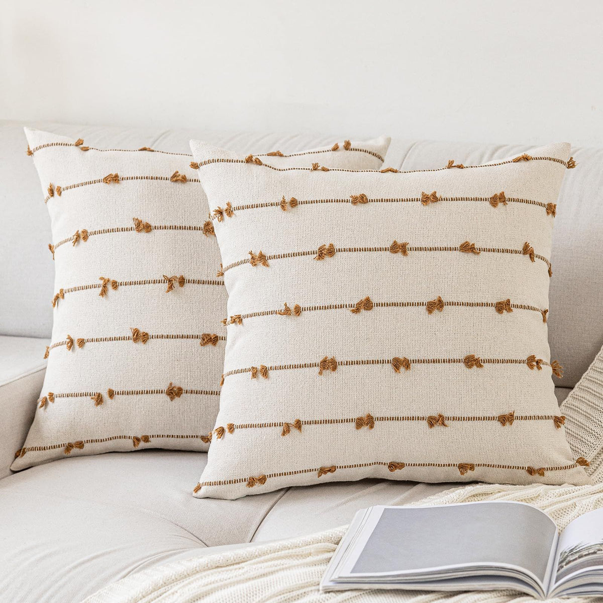 Boho Throw Pillow Covers 18x18 Set of 2 Modern Farmhouse Decorative Cushion Case Tufted Square Pillows Cover Neutral Pillow