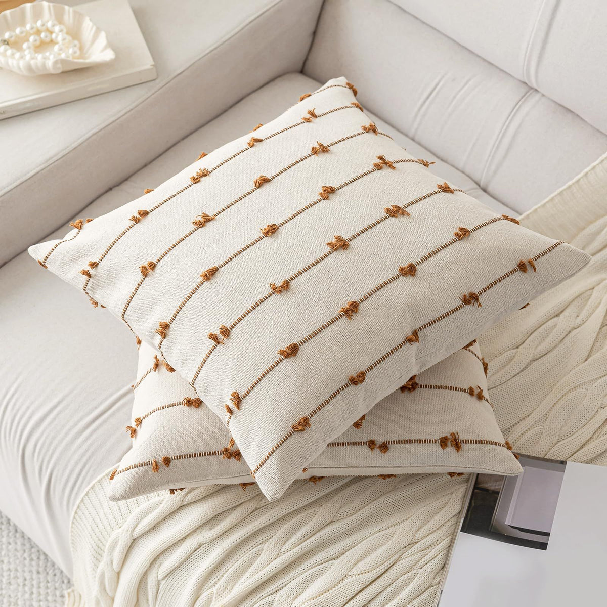 Boho Throw Pillow Covers 18x18 Set of 2 Modern Farmhouse Decorative Cushion Case Tufted Square Pillows Cover Neutral Pillow