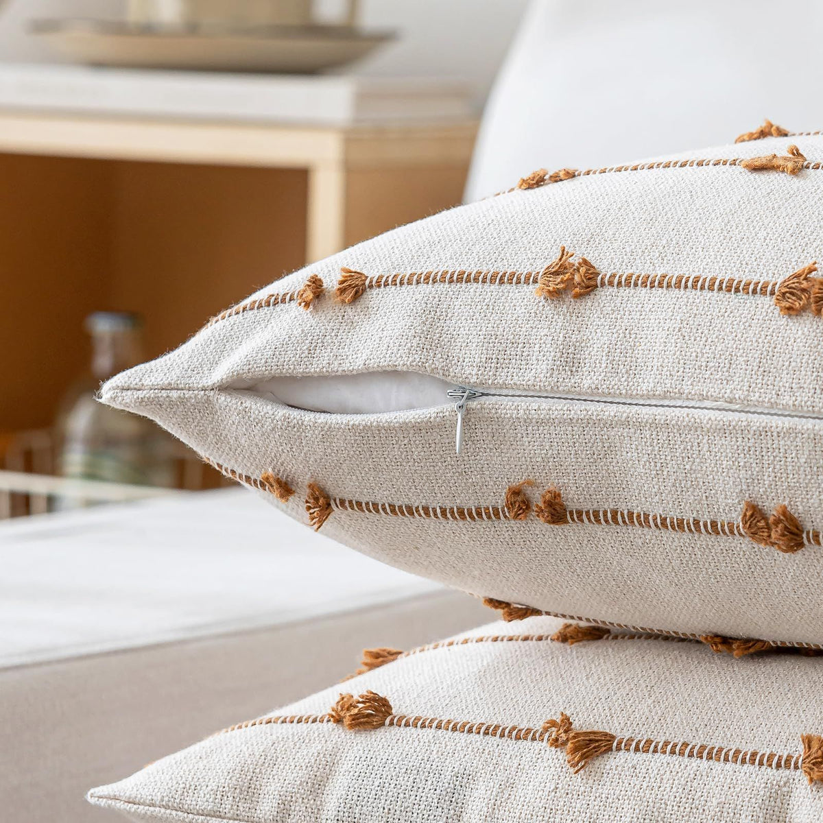 Boho Throw Pillow Covers 18x18 Set of 2 Modern Farmhouse Decorative Cushion Case Tufted Square Pillows Cover Neutral Pillow