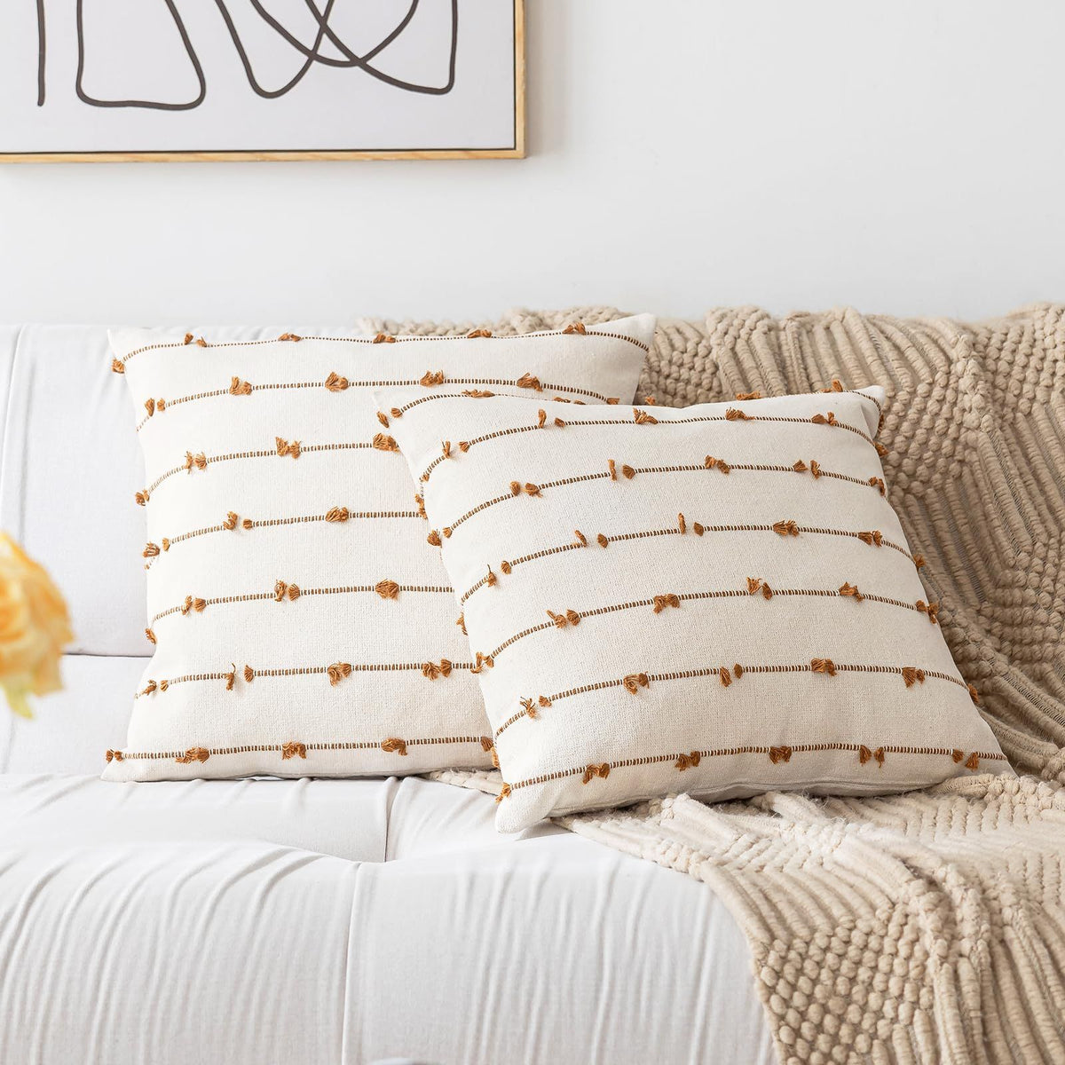 Boho Throw Pillow Covers 18x18 Set of 2 Modern Farmhouse Decorative Cushion Case Tufted Square Pillows Cover Neutral Pillow
