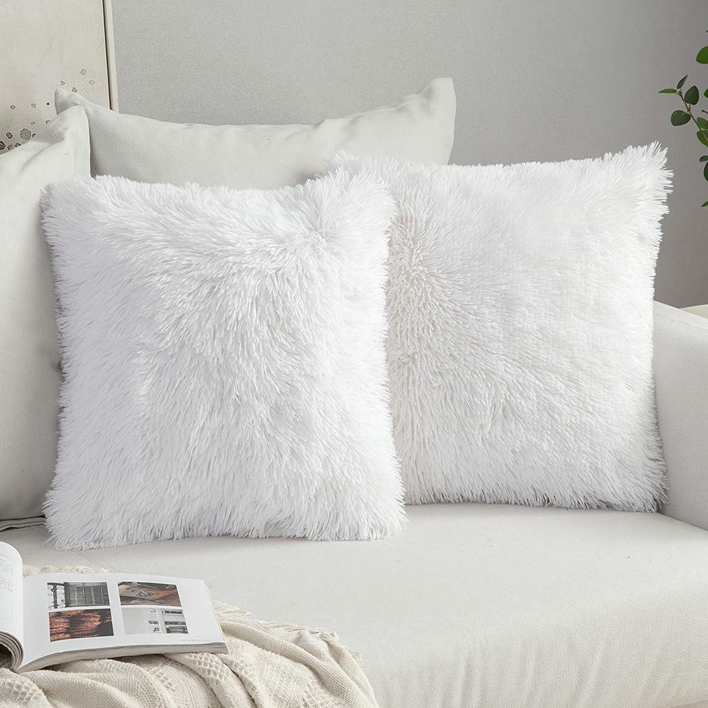Set of 2 Decorative Throw Pillow Covers 18x18, Pure White Fluffy Pillow Covers New Luxury Faux Fur Square Sofa Pillow Covers