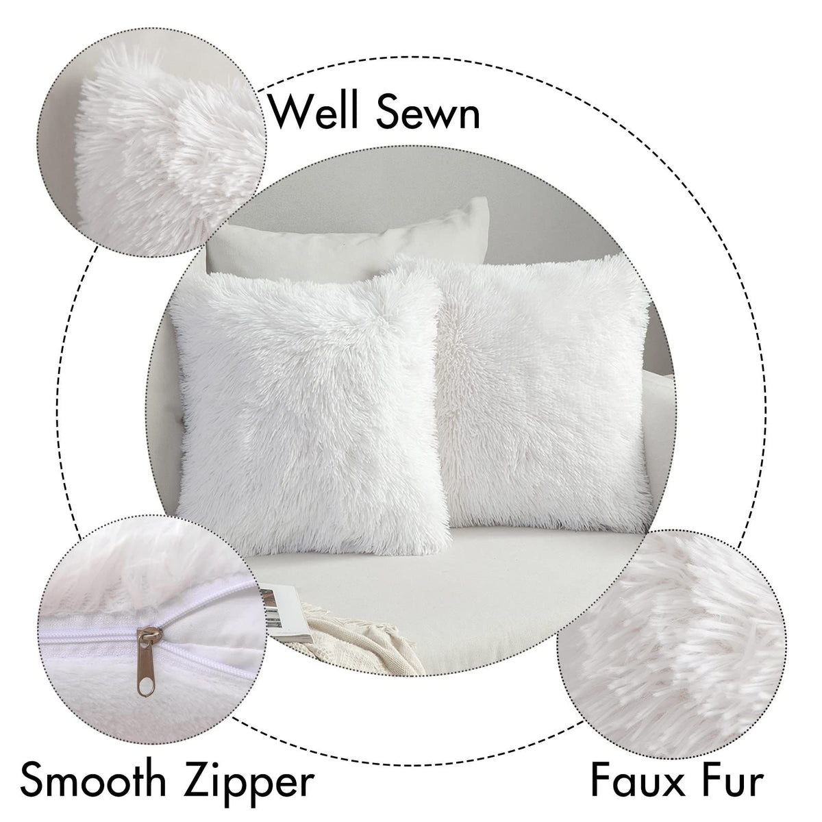 Set of 2 Decorative Throw Pillow Covers 18x18, Pure White Fluffy Pillow Covers New Luxury Faux Fur Square Sofa Pillow Covers
