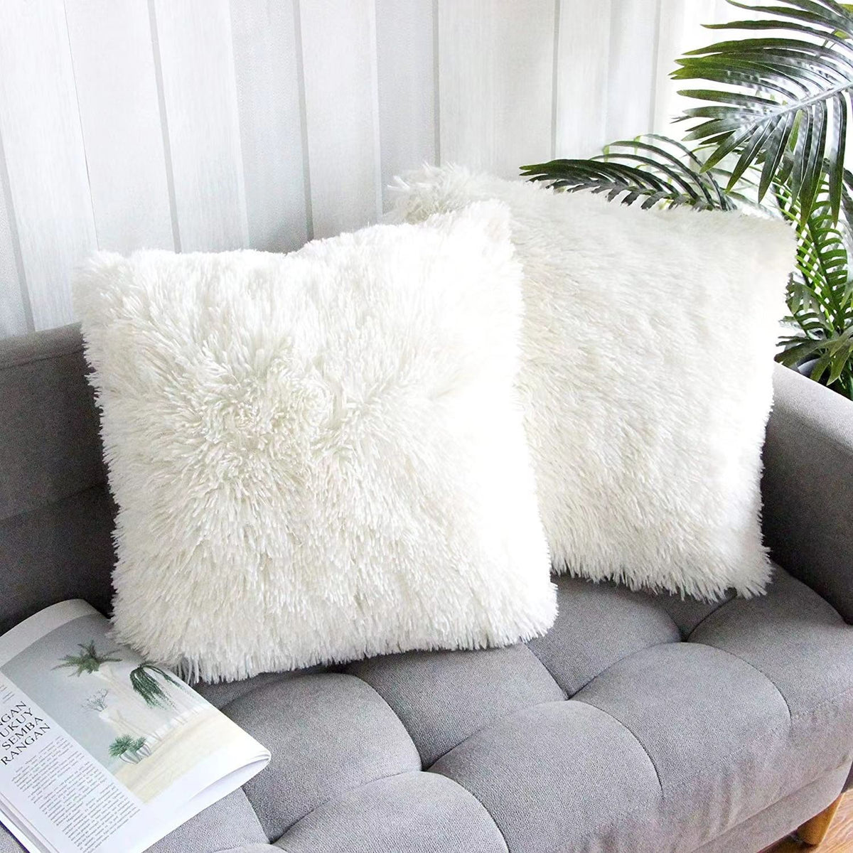 Set of 2 Decorative Throw Pillow Covers 18x18, Pure White Fluffy Pillow Covers New Luxury Faux Fur Square Sofa Pillow Covers