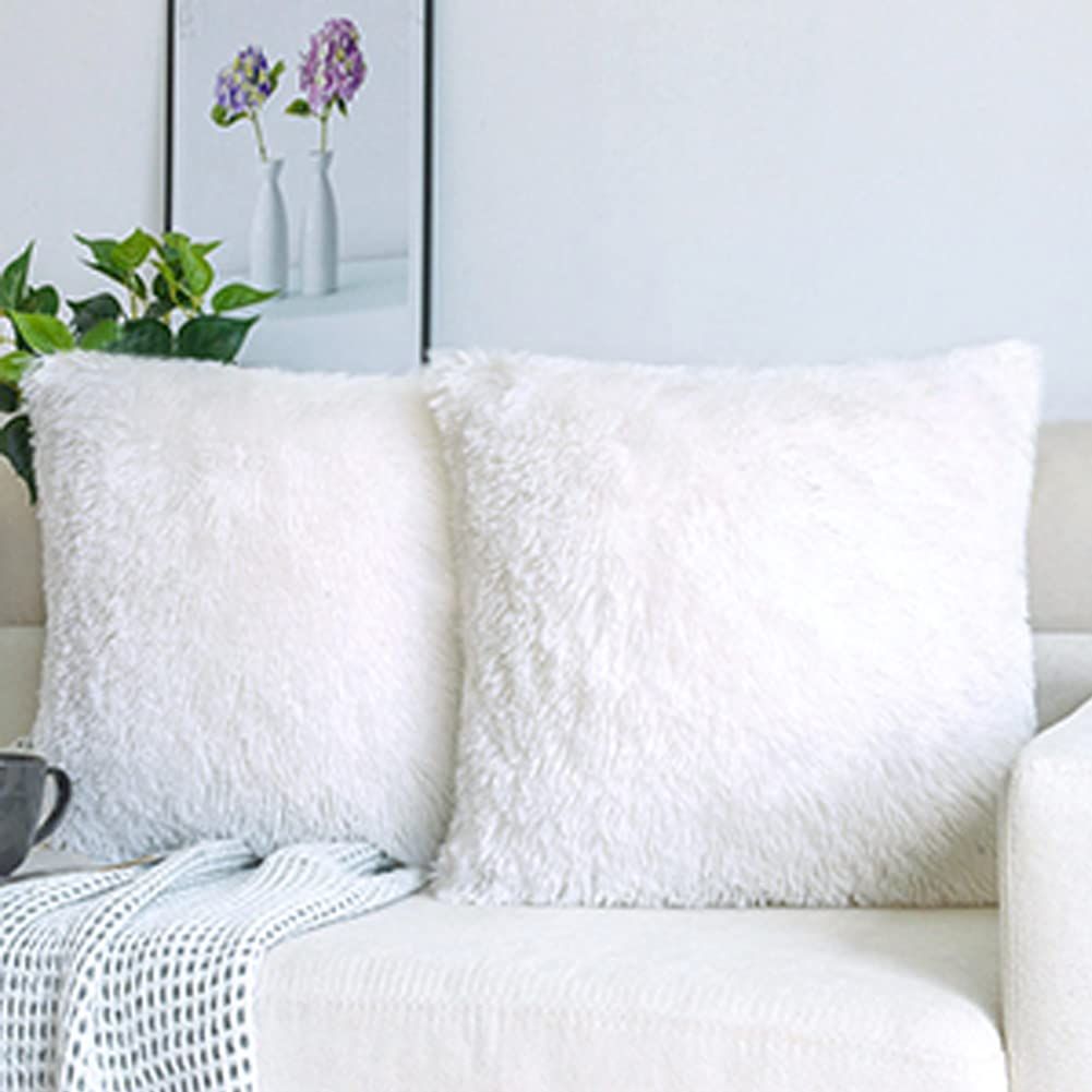 Set of 2 Decorative Throw Pillow Covers 18x18, Pure White Fluffy Pillow Covers New Luxury Faux Fur Square Sofa Pillow Covers