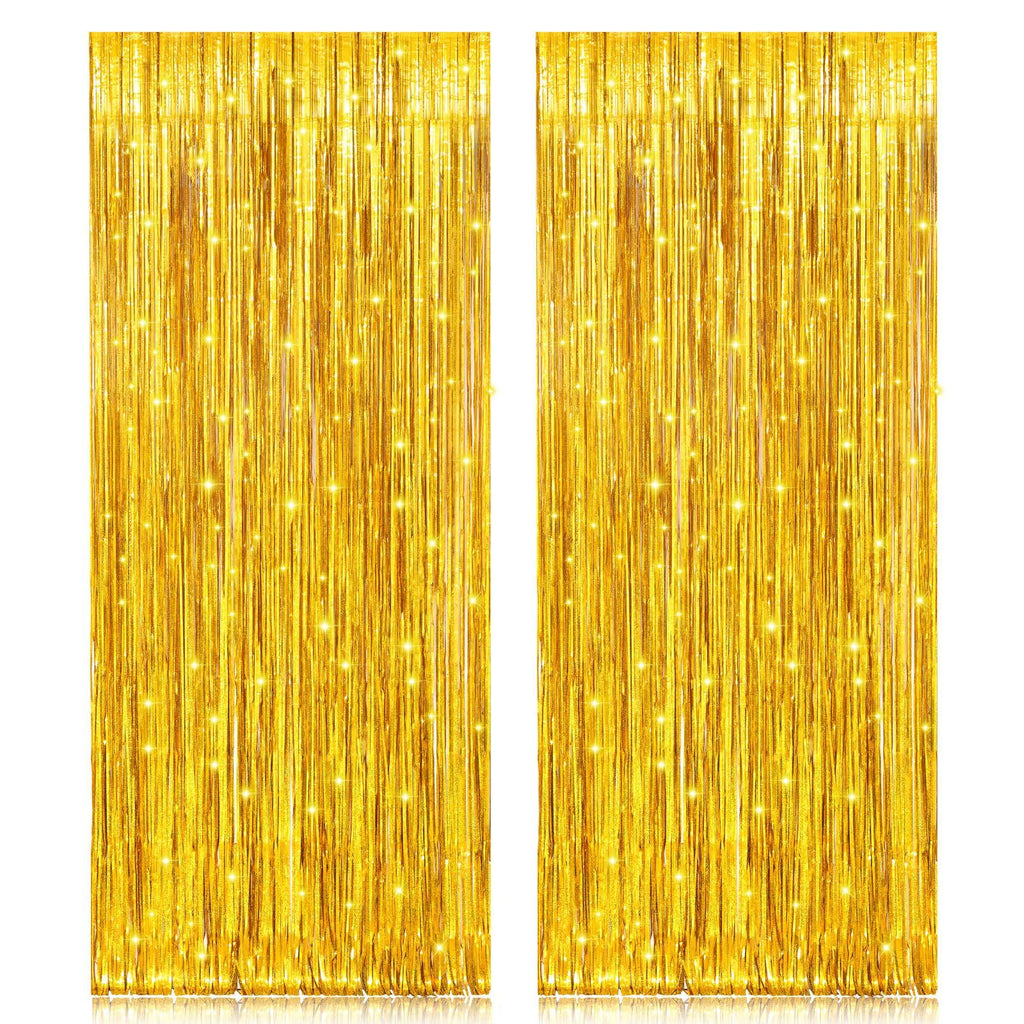 2 Pack 3.2ft x 6.5ft Gold Metallic Foil Curtains, Big Laser Glitter Fringe Rain Curtain Photo Booth Backdrop Tinsel Curtain