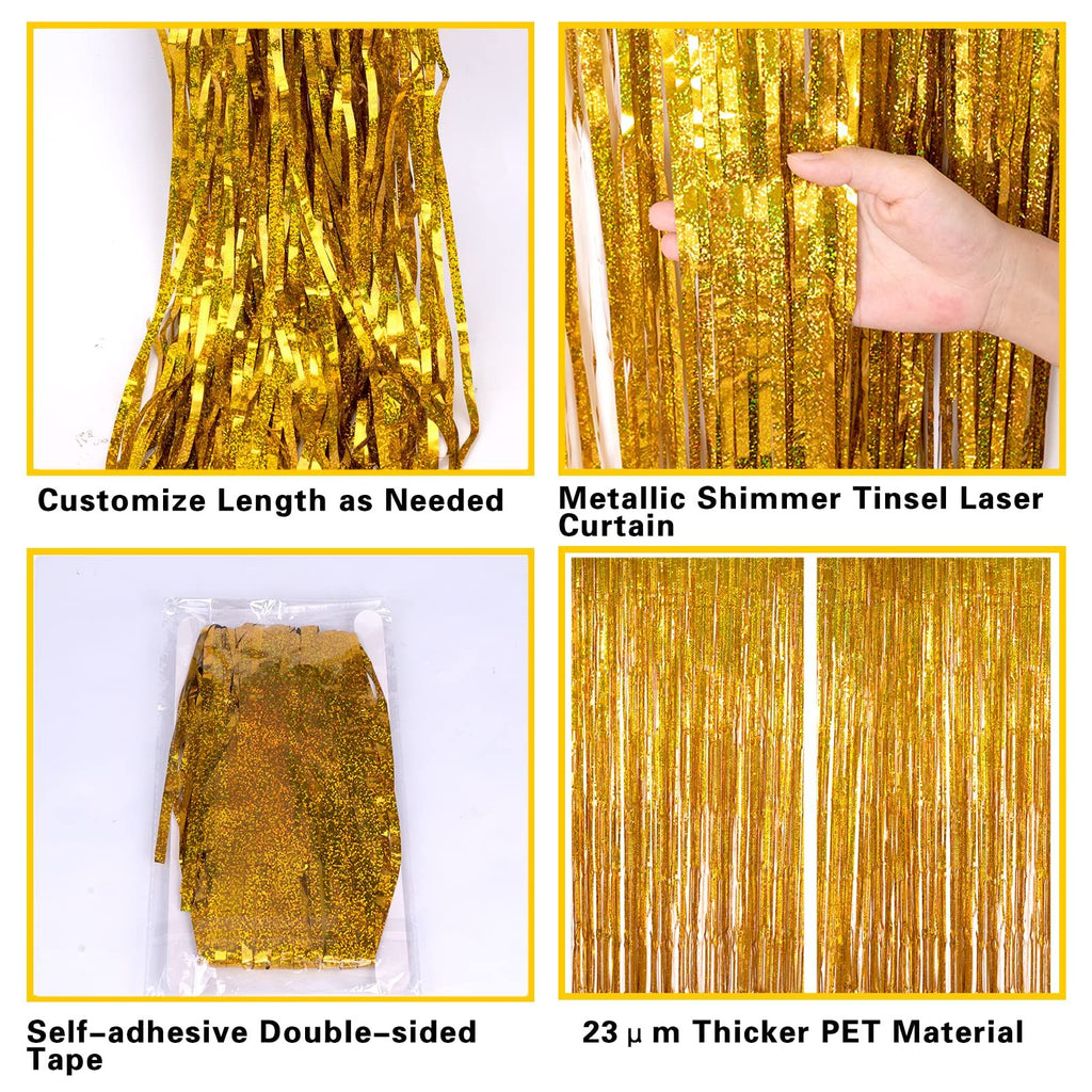 2 Pack 3.2ft x 6.5ft Gold Metallic Foil Curtains, Big Laser Glitter Fringe Rain Curtain Photo Booth Backdrop Tinsel Curtain