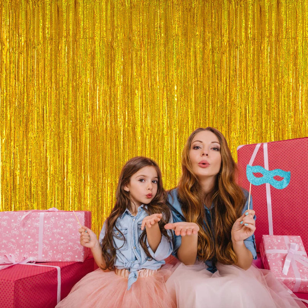 2 Pack 3.2ft x 6.5ft Gold Metallic Foil Curtains, Big Laser Glitter Fringe Rain Curtain Photo Booth Backdrop Tinsel Curtain