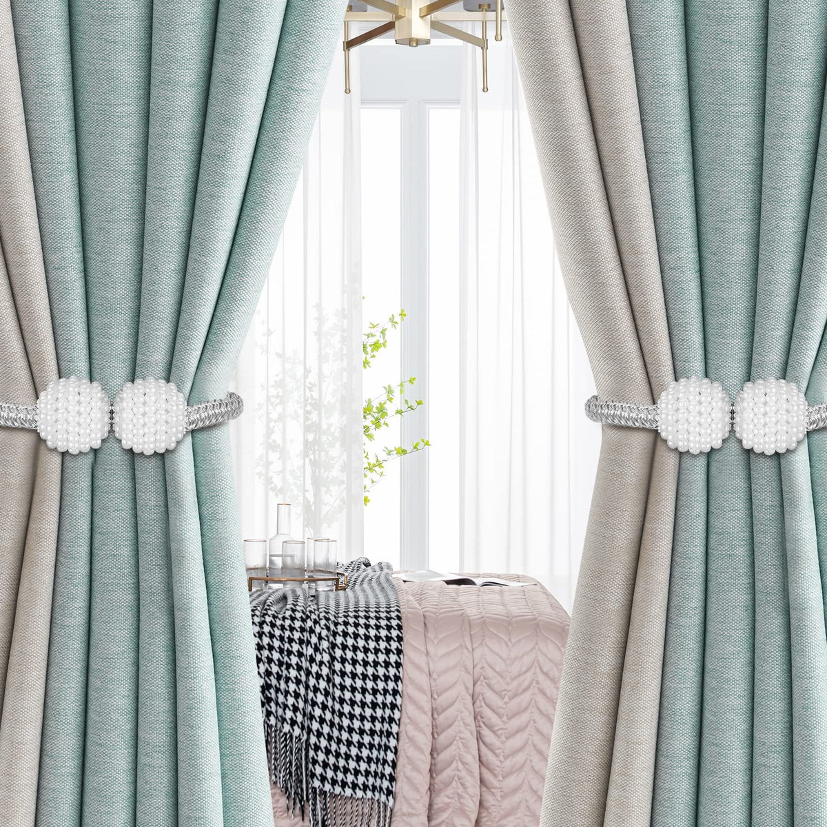 2 Pack Magnetic Curtain Tie Backs with Pearls,Modern Curtain Holdbacks Strap,Decoration for Kindergarten,Outside and Inside Drapes