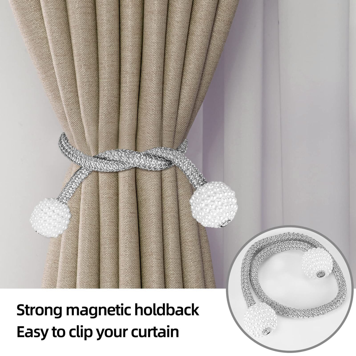 2 Pack Magnetic Curtain Tie Backs with Pearls,Modern Curtain Holdbacks Strap,Decoration for Kindergarten,Outside and Inside Drapes