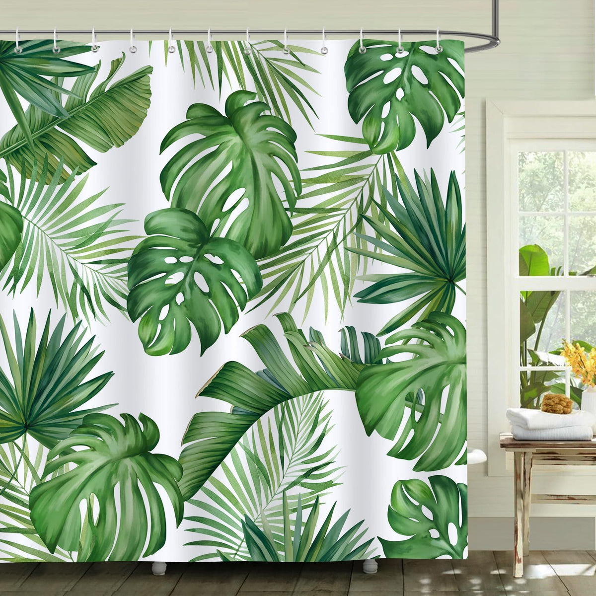 Tropical Leaves Shower Curtain Green Palm Leaf Decorative Bath Curtain Polyester Fabric Waterproof Bathroom Curtain