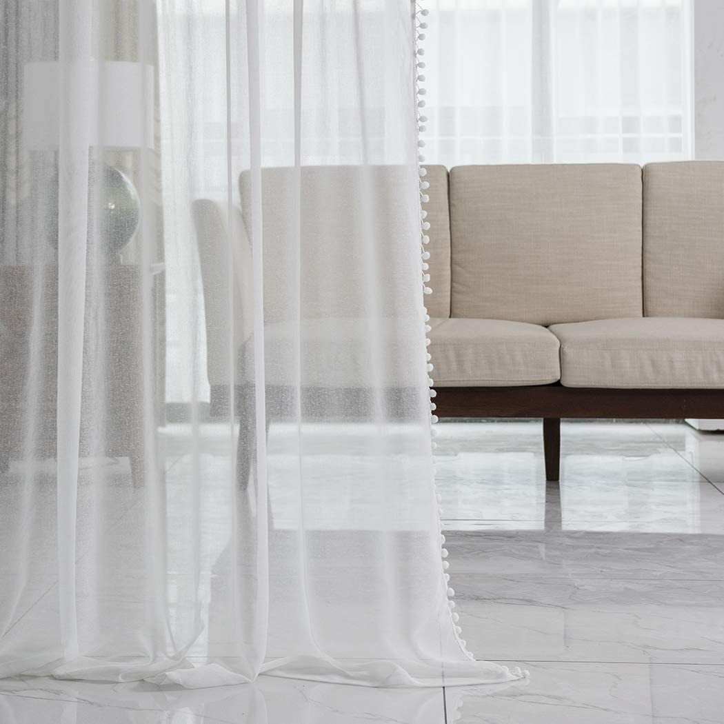 Linen Look Curtains - Rod Pocket Voile Semi-Sheer for Living and Bedroom, Set of 2 Panels (52 x 63 inch, White)