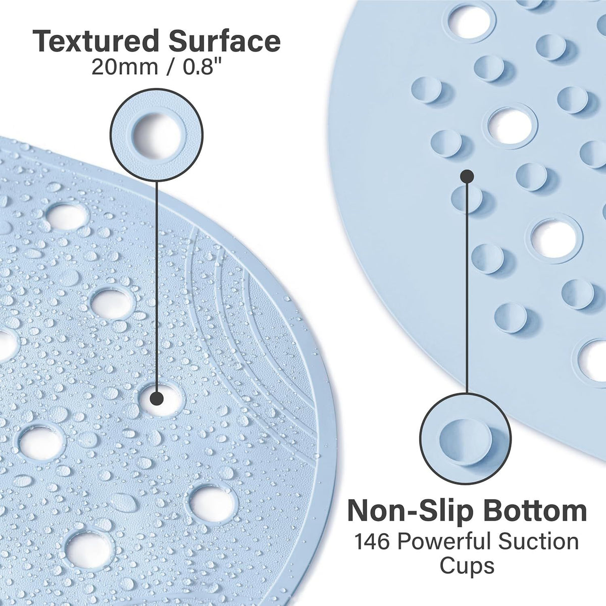 Rubber Bathtub Mat Shower Mat Non-Slip, 31x14 Inch, Bath Tub Floor Mat with Suction Cups and Drainage Holes, Light Blue