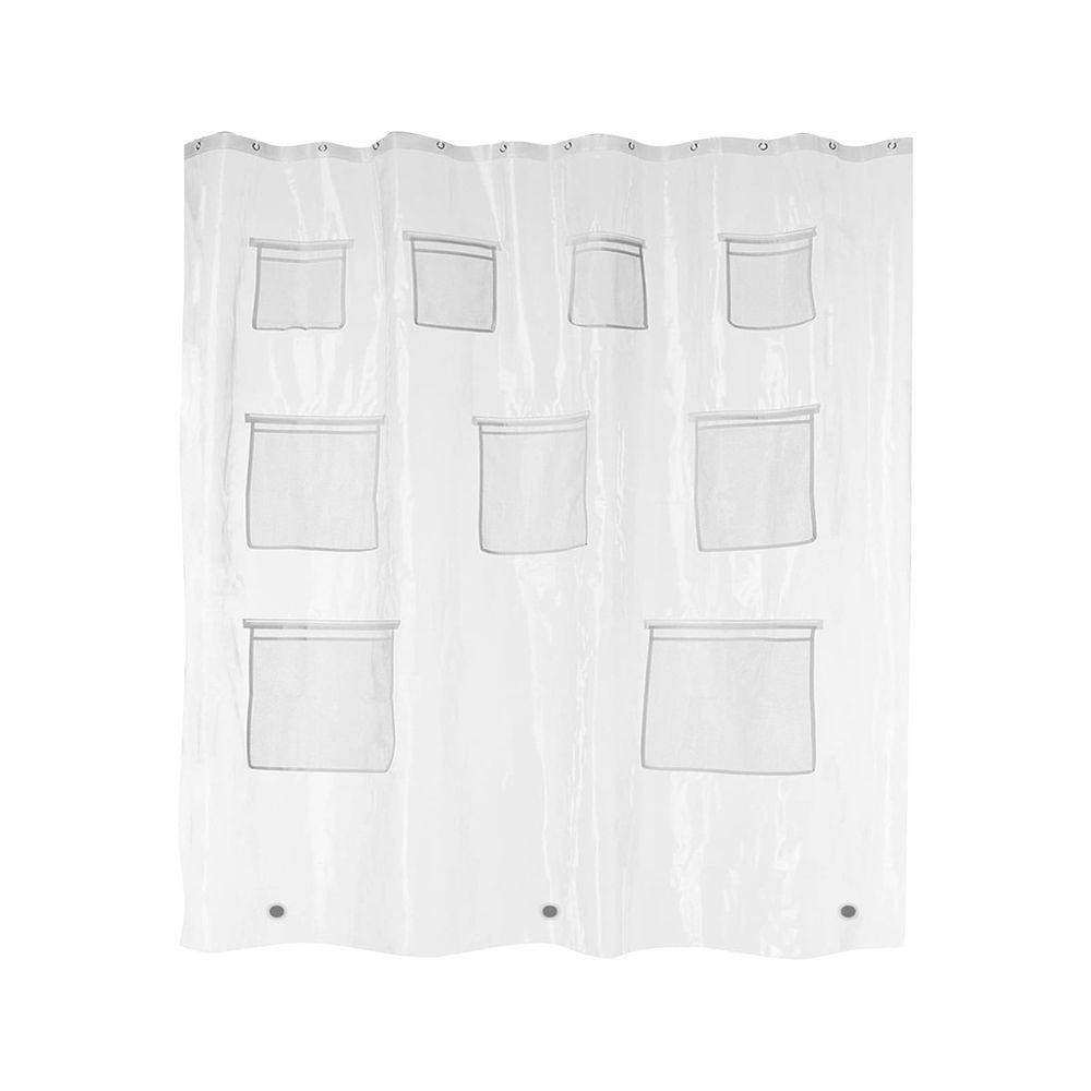 Translucent Pock Shower Curtain with 9 Mesh Pocks | Waterproof Bathroom Organizer for Storage | 70.86 x 70.86 Inches, Clear Plastic, 1 Count