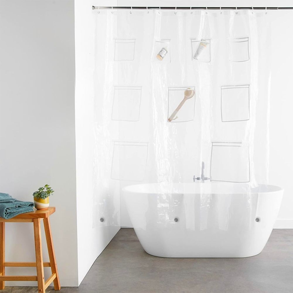 Translucent Pock Shower Curtain with 9 Mesh Pocks | Waterproof Bathroom Organizer for Storage | 70.86 x 70.86 Inches, Clear Plastic, 1 Count