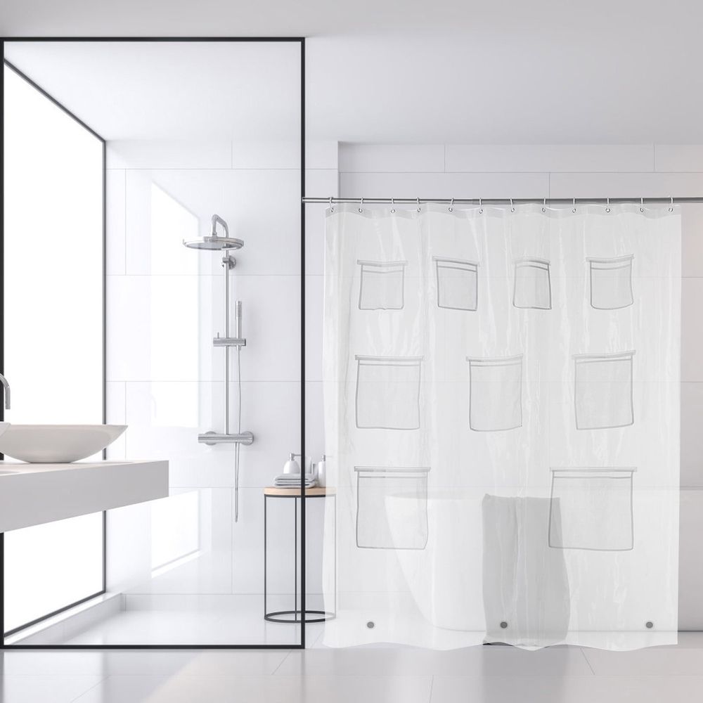 Translucent Pock Shower Curtain with 9 Mesh Pocks | Waterproof Bathroom Organizer for Storage | 70.86 x 70.86 Inches, Clear Plastic, 1 Count