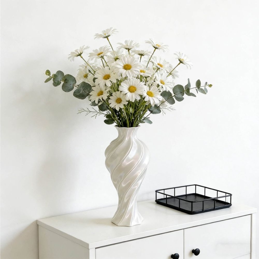 Modern Vase | Floral Relief Sculpture | White Plastic Decorative Vase for Home Decor