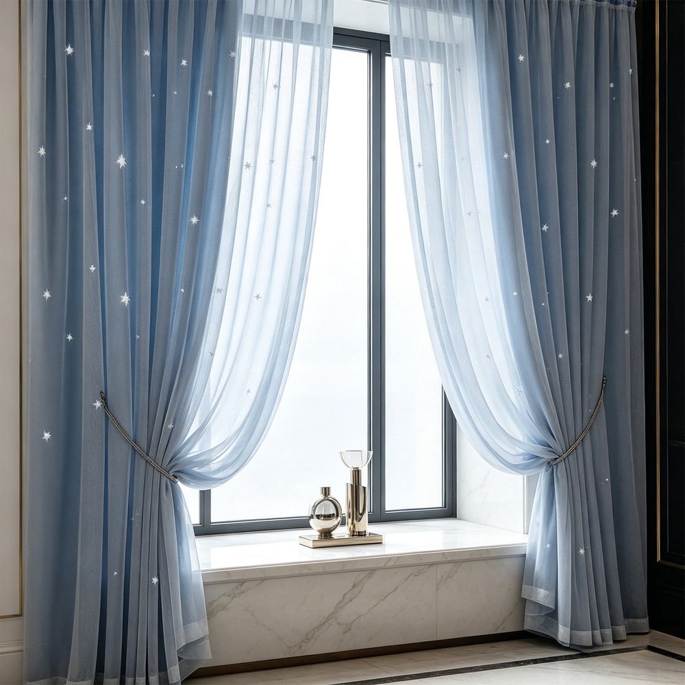 No Drill Magic Tape Star Cutout Blackout Curtains Double Layer Sheer Privacy Thermal Insulated Window Drapes Bedroom Living Room  59.1in x 27.6in for Home Windows Blackout Privacy Home Windows
