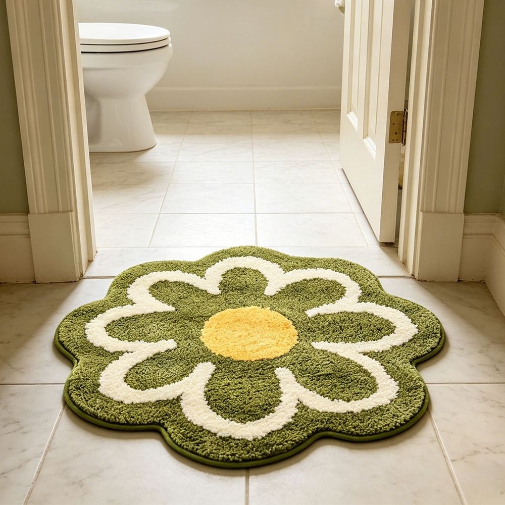 Flower Shaped Bathroom Floor Mat 31x31in Soft Absorbent Non Slip Anti Skid Bath Rug Decorative Waterproof for Home Shower Entrance