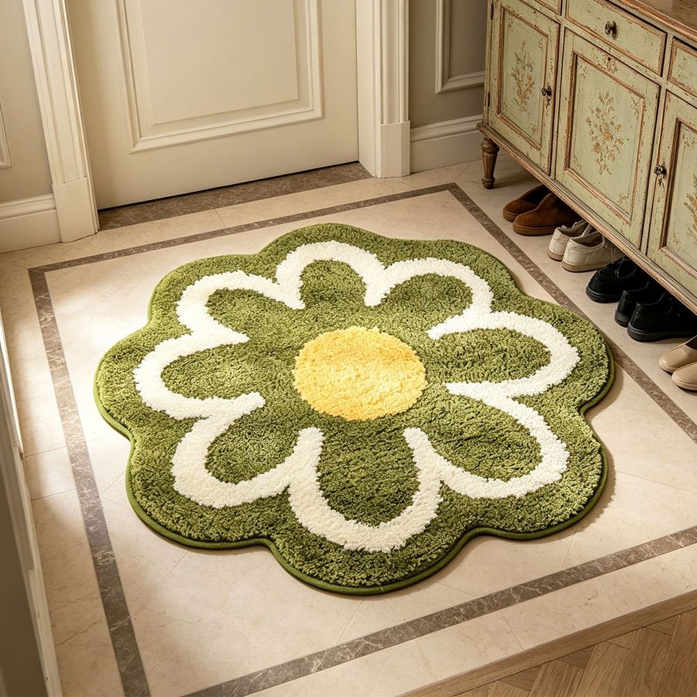 Flower Shaped Bathroom Floor Mat 31x31in Soft Absorbent Non Slip Anti Skid Bath Rug Decorative Waterproof for Home Shower Entrance