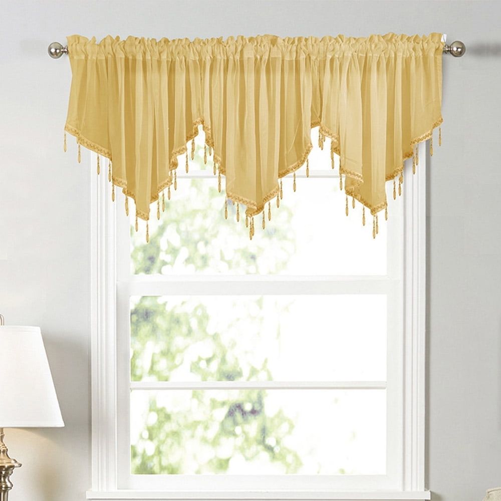 Semi Sheer Valance Curtains for Girls Room, Rod Pocket Beaded Trim Tassel Voile Window Valance Kids Room Decor Kitchen Curtains for Bathroom Cafe Nursery, Each W51 x L24 Inch