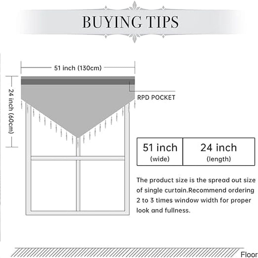 Semi Sheer Valance Curtains for Girls Room, Rod Pocket Beaded Trim Tassel Voile Window Valance Kids Room Decor Kitchen Curtains for Bathroom Cafe Nursery, Each W51 x L24 Inch