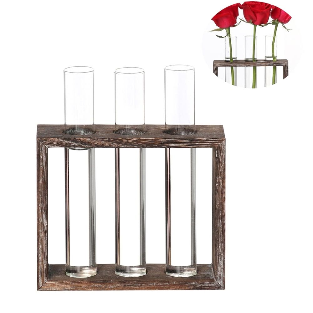 Natural Style Hydroponic Glass Tube Vase with Multi Wood Base, 1 Piece Decorative Plant Holder for Home and Office