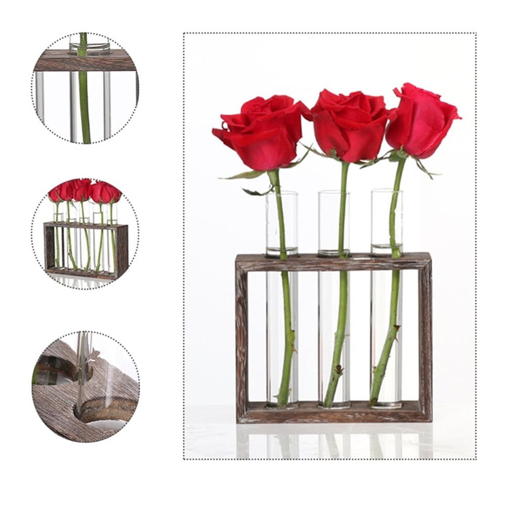 Natural Style Hydroponic Glass Tube Vase with Multi Wood Base, 1 Piece Decorative Plant Holder for Home and Office