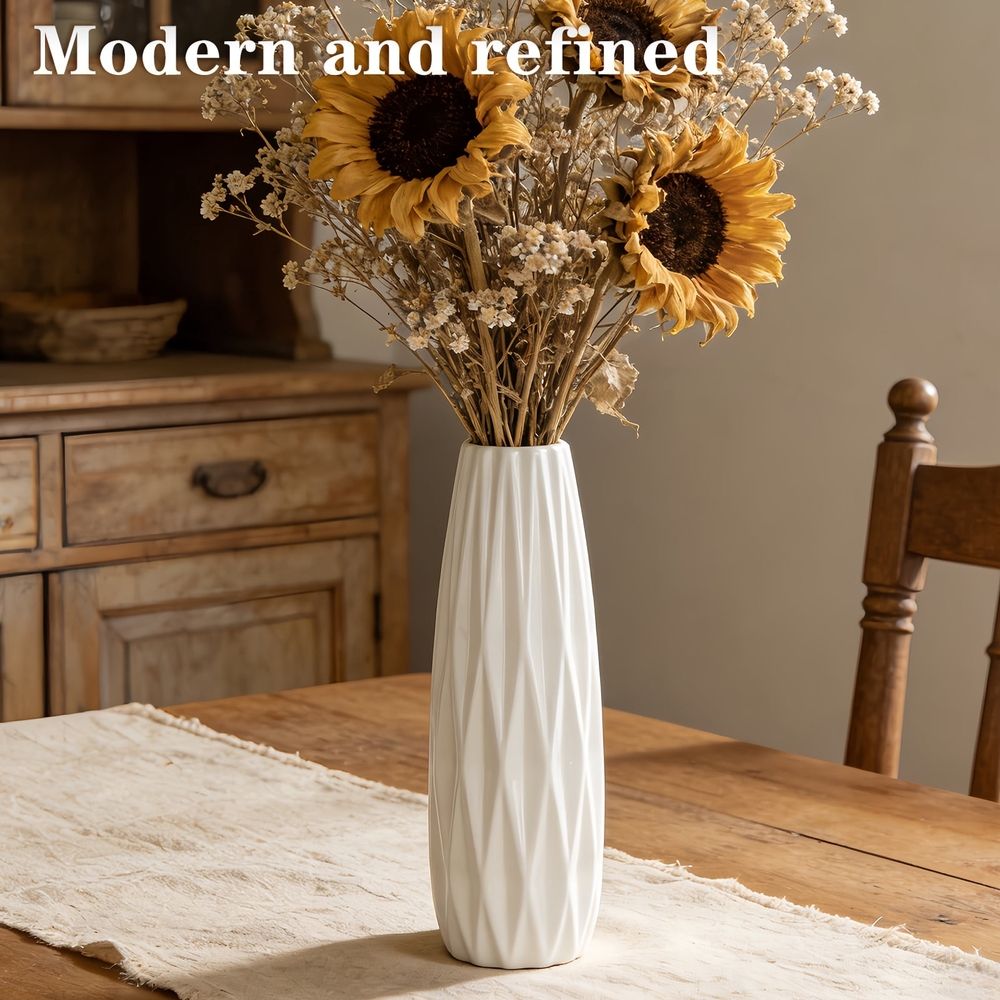 12-Inch White Ceramic Textured Vase for Modern Minimalist Home Decor