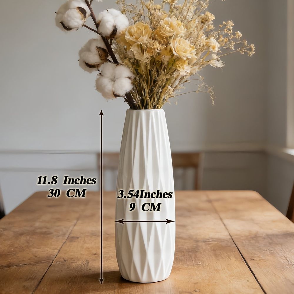 12-Inch White Ceramic Textured Vase for Modern Minimalist Home Decor