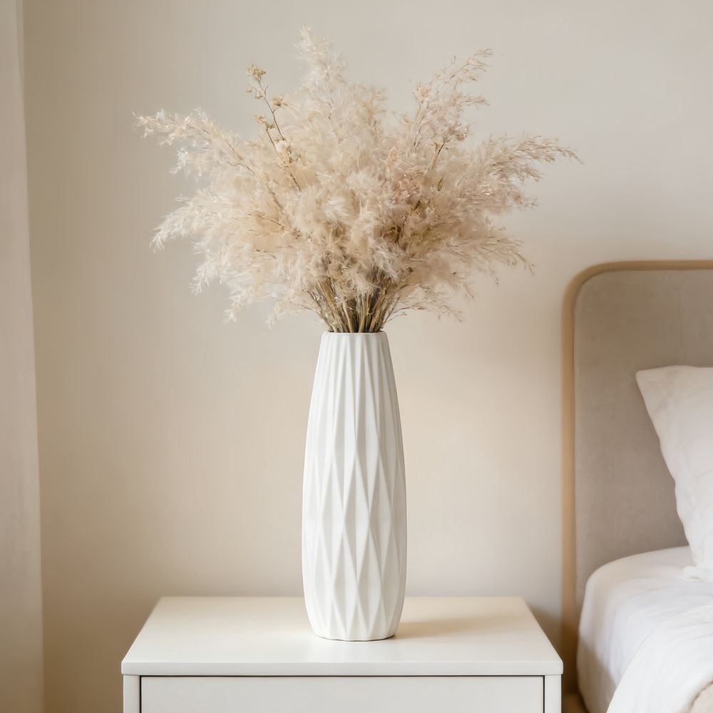 12-Inch White Ceramic Textured Vase for Modern Minimalist Home Decor