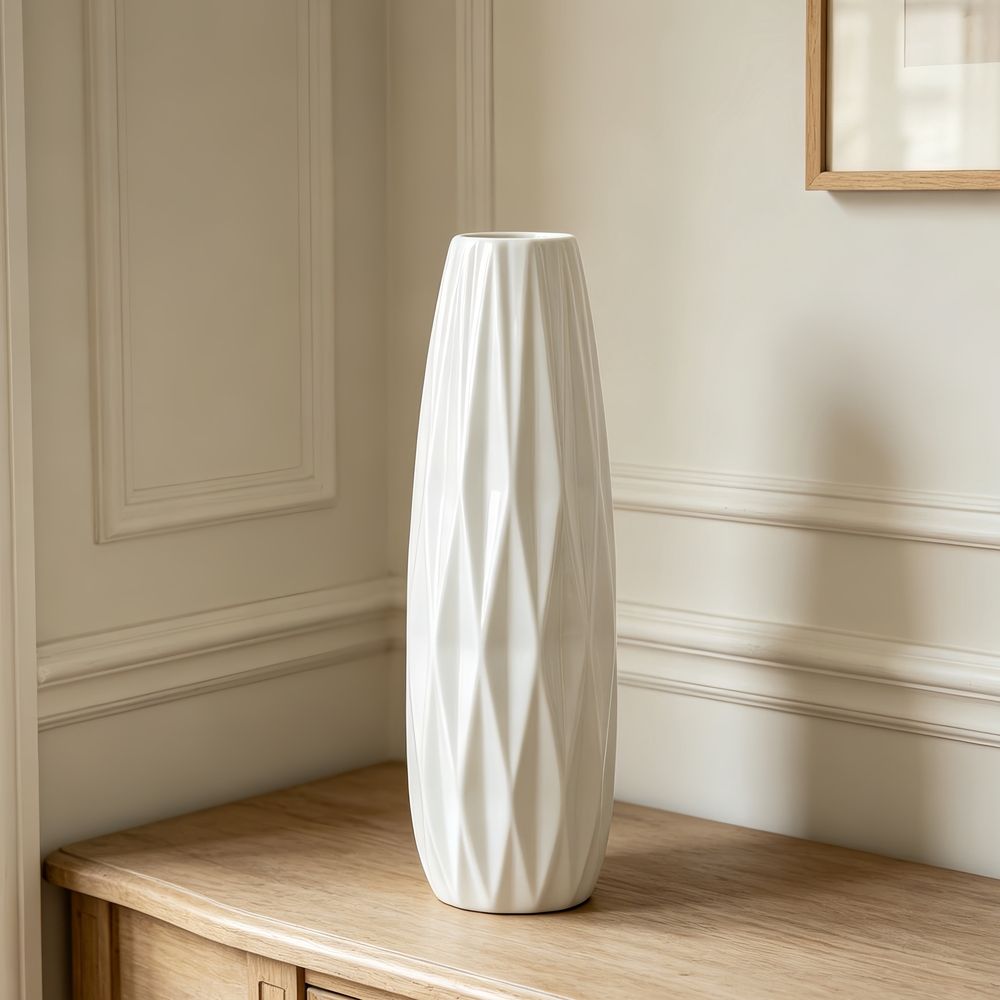 12-Inch White Ceramic Textured Vase for Modern Minimalist Home Decor