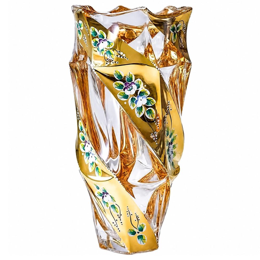 Gold Glass Vase, 9" Tall Crystal Flower Vase, Boho & European Style Vintage Glass Vase for Wedding Centerpieces Living, Office, Room Home Decor & Handmade Decorative Flower Vase