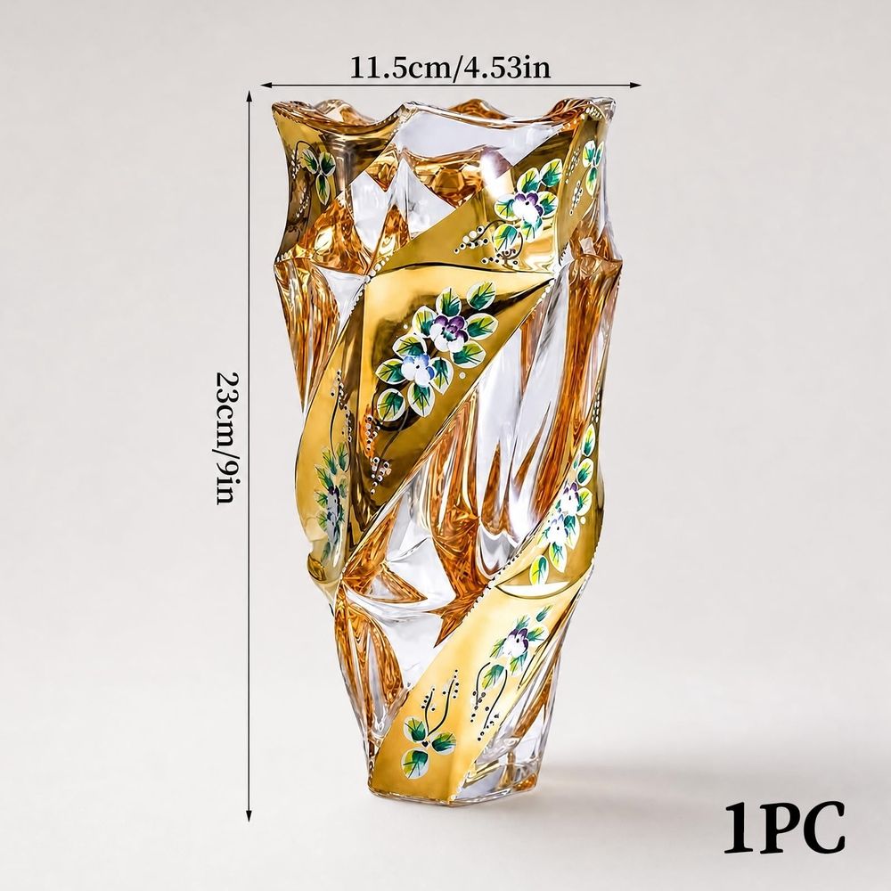 Gold Glass Vase, 9" Tall Crystal Flower Vase, Boho & European Style Vintage Glass Vase for Wedding Centerpieces Living, Office, Room Home Decor & Handmade Decorative Flower Vase