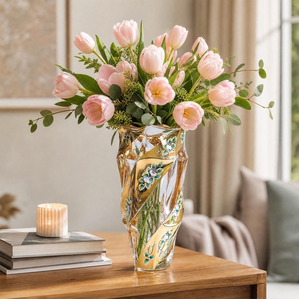 Gold Glass Vase, 9" Tall Crystal Flower Vase, Boho & European Style Vintage Glass Vase for Wedding Centerpieces Living, Office, Room Home Decor & Handmade Decorative Flower Vase