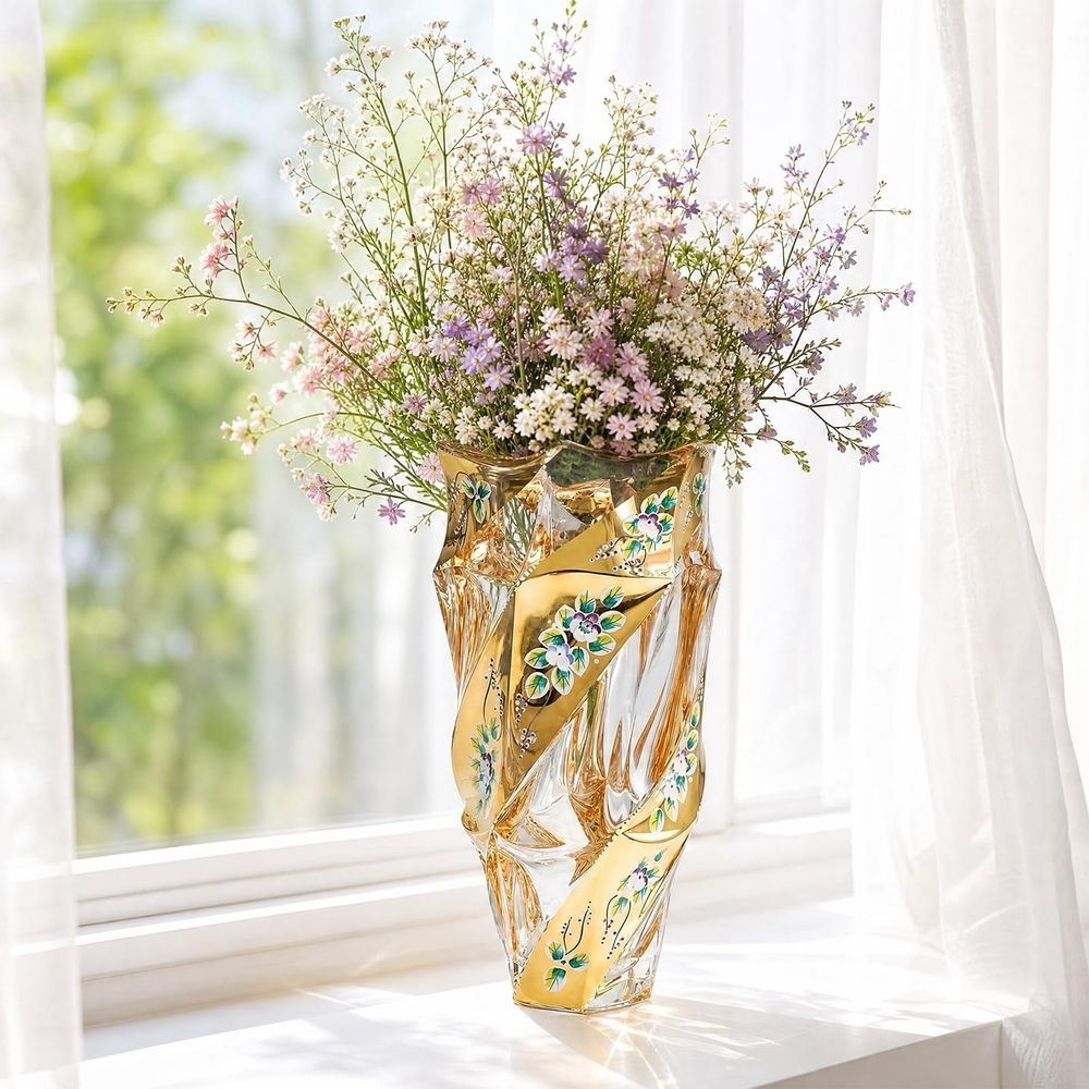 Gold Glass Vase, 9" Tall Crystal Flower Vase, Boho & European Style Vintage Glass Vase for Wedding Centerpieces Living, Office, Room Home Decor & Handmade Decorative Flower Vase
