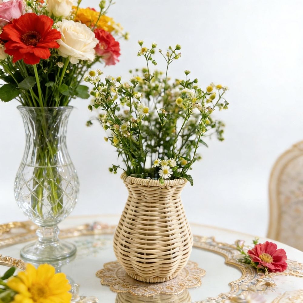 Wicker Vases For Flowers Basket Vase,Tabletop Woven Rattan Vase For Flowers,Rustic Country Style Rattan Basket Vase, Farmhouse Small Wicker Woven Bouquet Vase Table Centerpiece For Home Decor