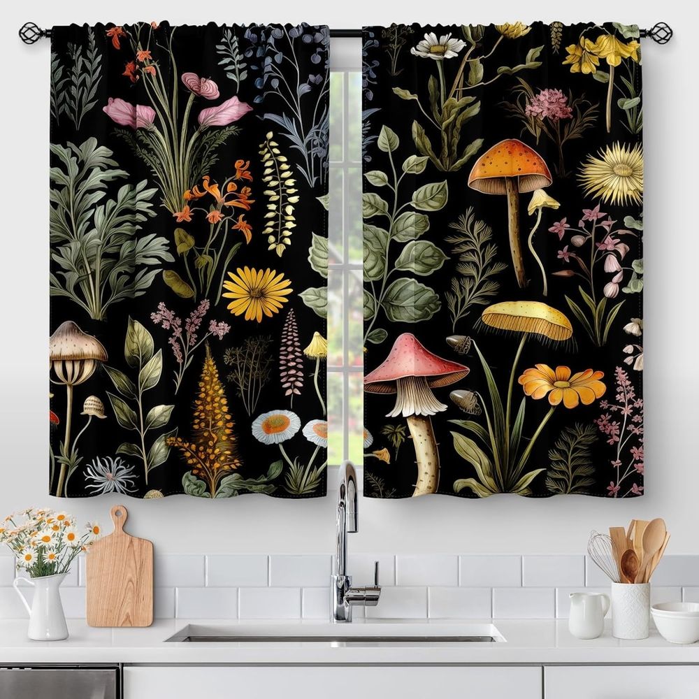 Bohemian Flower Kitchen Curtains - Bohemian Mushroom Retro Plant Flower Coffee Shop Bathroom Small Short Layer Curtains Living Room Decorative Bar Pocket Curtains 36 inches Long Set 28 inches x36