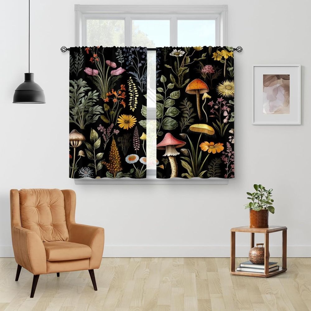 Bohemian Flower Kitchen Curtains - Bohemian Mushroom Retro Plant Flower Coffee Shop Bathroom Small Short Layer Curtains Living Room Decorative Bar Pocket Curtains 36 inches Long Set 28 inches x36
