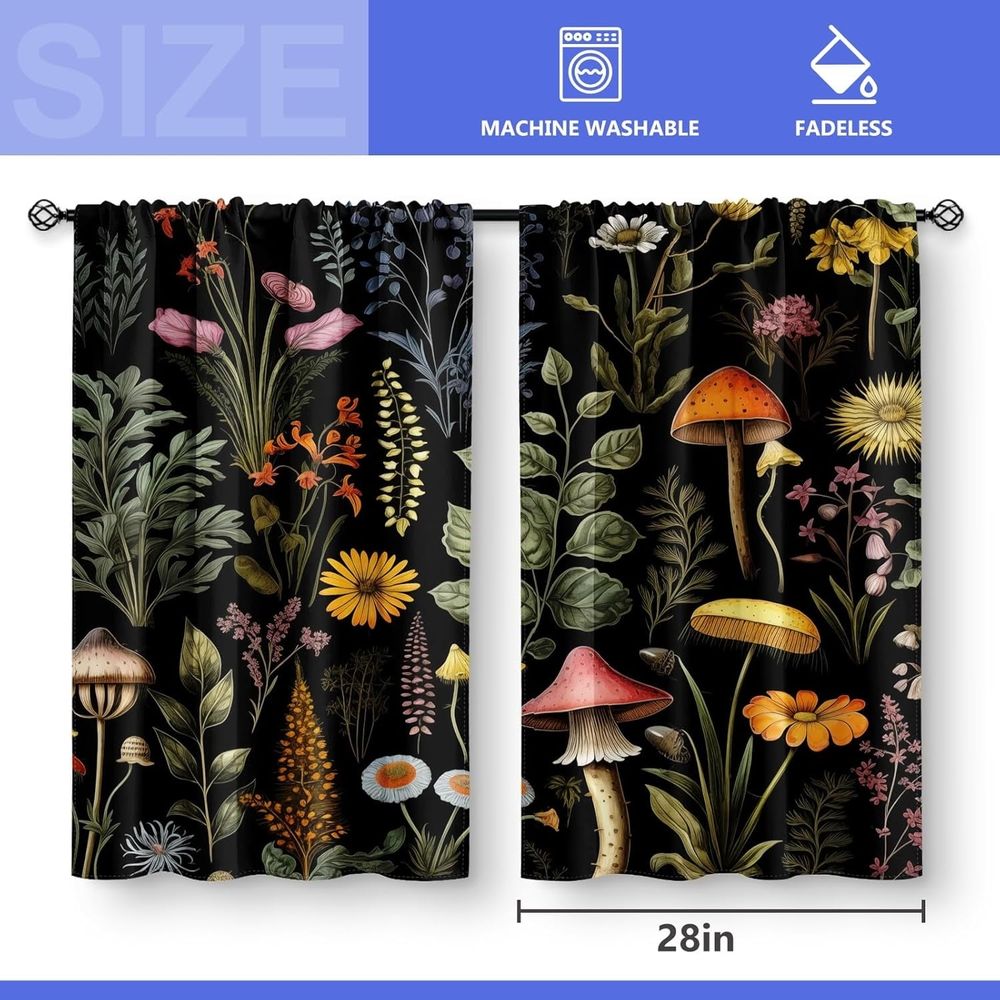 Bohemian Flower Kitchen Curtains - Bohemian Mushroom Retro Plant Flower Coffee Shop Bathroom Small Short Layer Curtains Living Room Decorative Bar Pocket Curtains 36 inches Long Set 28 inches x36