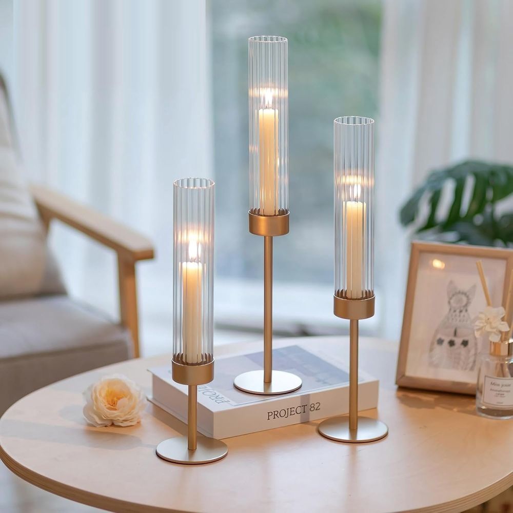 Candle Holders: Brass Candlestick Holders Set of 3 Tall Taper Candle Holders for Candlesticks Candle Sticks Holder Decor for Table Centerpiece Wedding Party