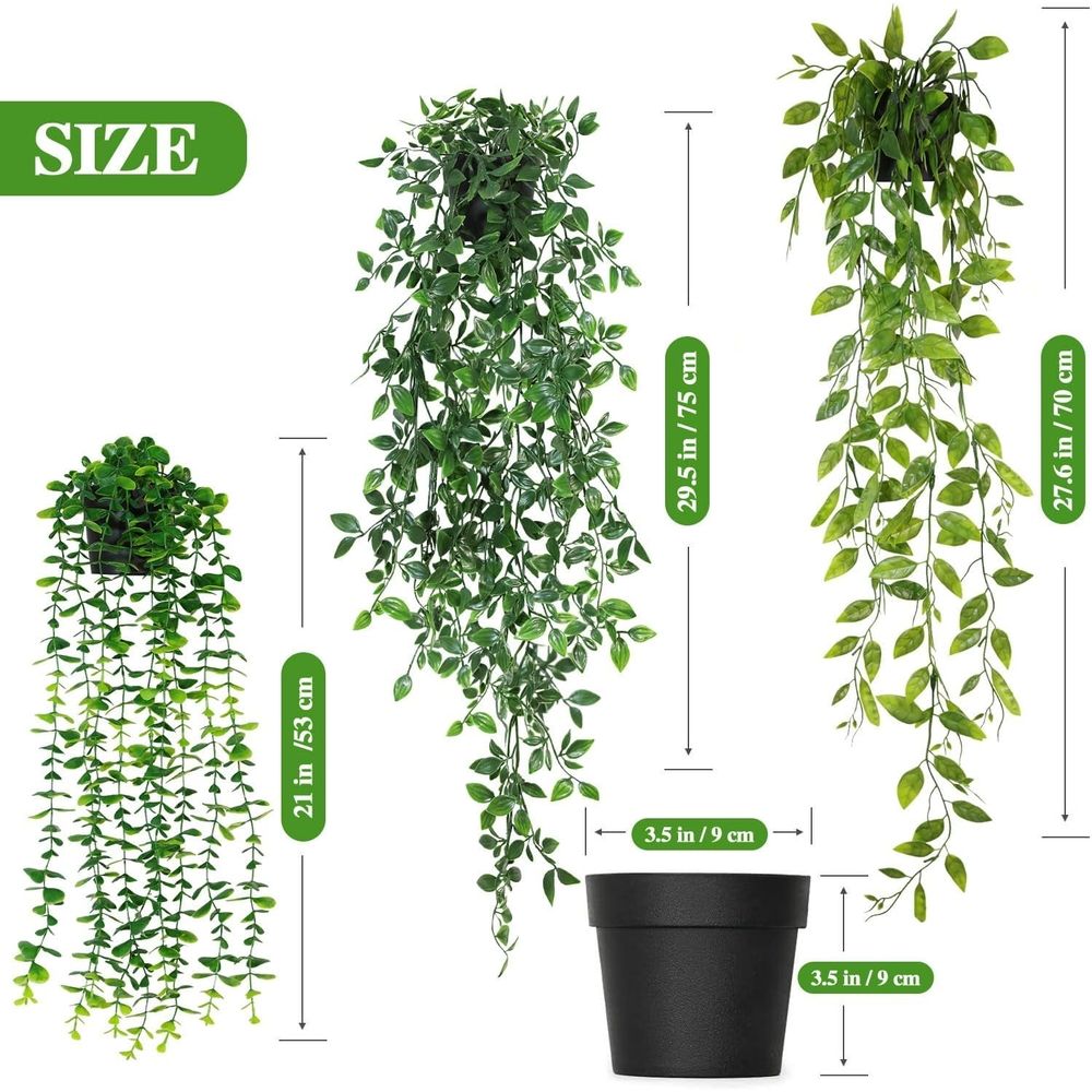 3Pcs Artificial Hanging Plant, Fake Hanging Plants with Pot, Greenery Faux Fake Ivy Decor, Fake Ivy Potted Plants for Indoor Outdoor, Home Decor Wall Room Patio Office Table Shelf