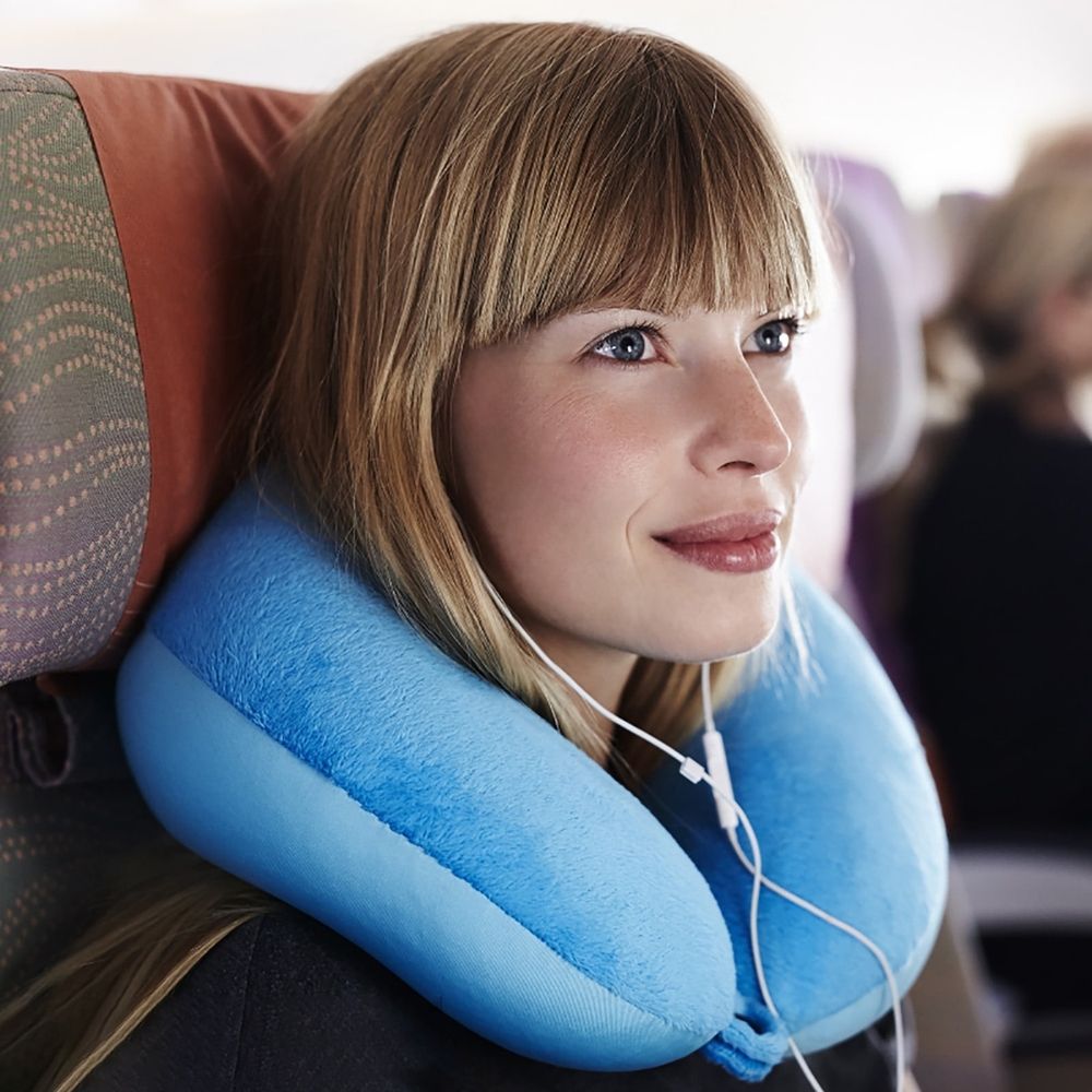 Grey Memory Foam Travel Pillow, Soft Neck Pillow for Sleeping on Airplane – Removable Washable Cover for No Neck Pain