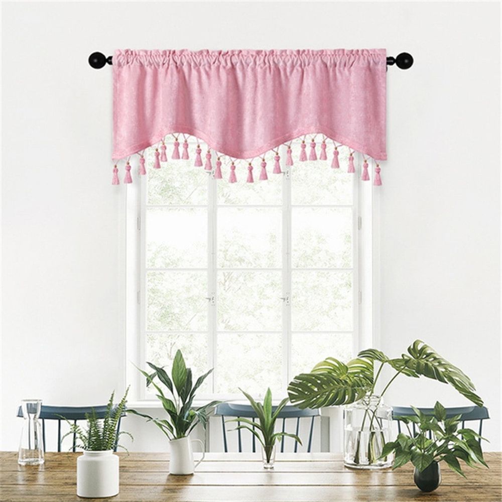 Bathroom Valance, Elegant Fringed Window Curtains Patterned Rod Panels Stylish Short Drapes for Home Decor(Pink, 59.1x15.7in)