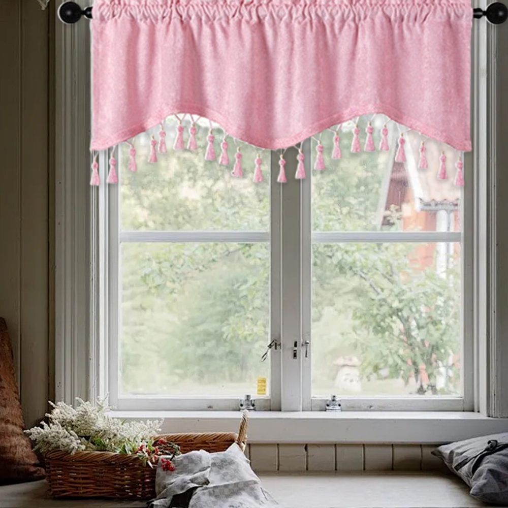 Bathroom Valance, Elegant Fringed Window Curtains Patterned Rod Panels Stylish Short Drapes for Home Decor(Pink, 59.1x15.7in)